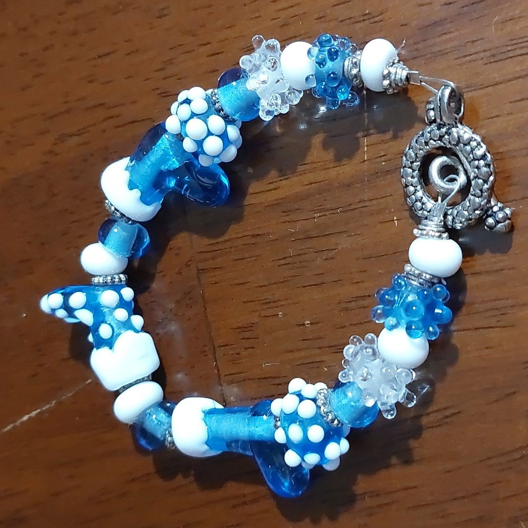 Lampwork Glass Blue White Wintry Christmas Socks Boots Toggle Bracelet